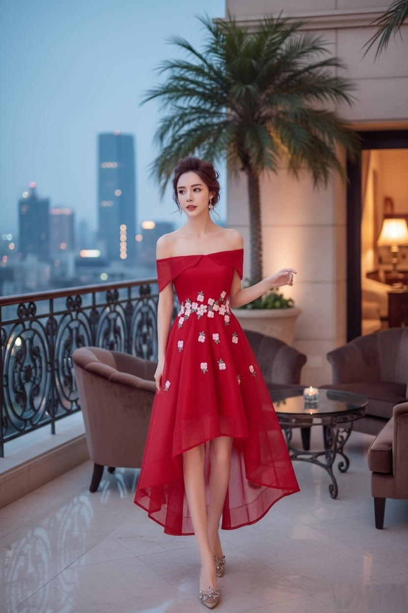 eileen オフショルダードレス (着丈 サイズオーダー可能) オーダーメイド ハイロードレス レッドドレス フラワー刺繍ドレス ミディアムドレス 上質素材 高級感 美シルエット 透明感 体型補整 大人可愛い 静かな華やぎ 日本人女性 プレミアム ラグジュアリー エレガント パーティー フォーマル （レッド）