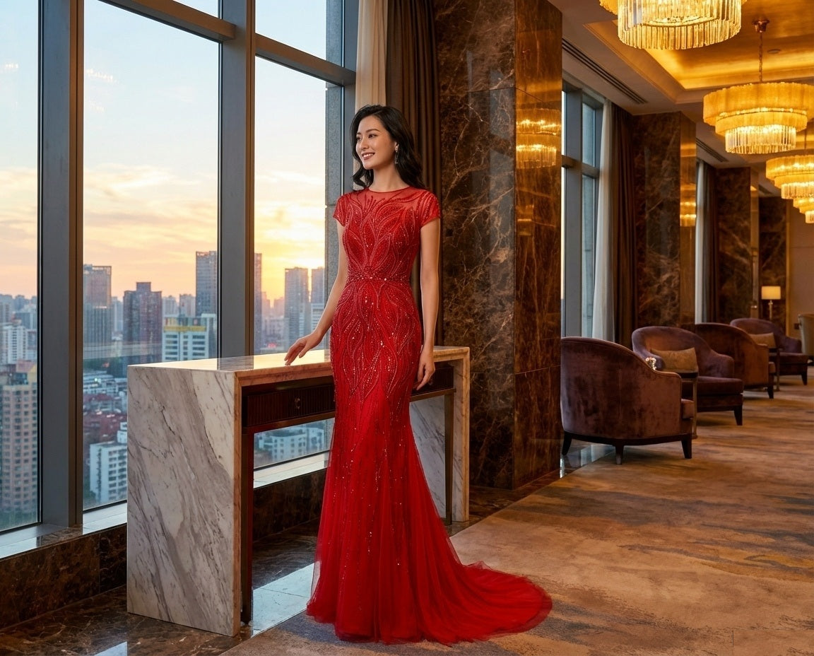 豪華オールビジュードレス arnaldo (着丈 サイズオーダー可能) オーダーメイド スリットドレス マーメイドドレス ロングドレス ノースリーブドレス レッドドレス フォーマルドレス 上質素材 サテン 和モダン背景 立ち姿演出 縦ライン 美脚効果 気品 大人女性 正装 結婚式 披露宴 演奏会 晩餐会 パーティー 高級感 日本人女性向け （レッド）XS S M L XL XXL XXXL