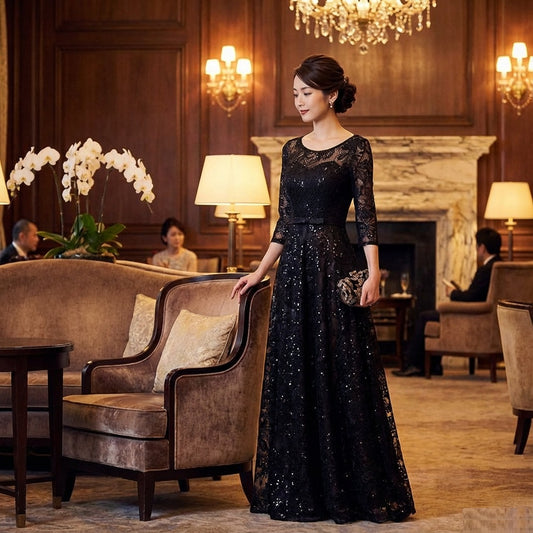 guers Aラインドレス ブラック XS S M L XL XXL 3XL 4XL 結婚式 大きいサイズ 演奏会 パーティードレス ロングドレス お呼ばれ ドレス ワンピース 二次会 発表会 母親 フォーマルドレス 袖あり フォーマル パーティー 披露宴 同窓会 アフタヌーン ドレス ママ ドレス ミセス 七分袖 洋装 長袖 マザーズ ドレス 演奏会用 ドレス レディース Aライン