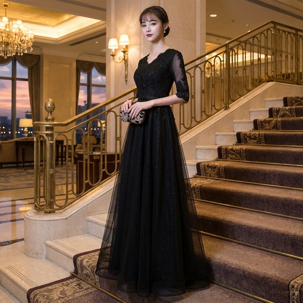 Aline オーダーメイド (着丈 サイズオーダー可能) ロングドレス Aラインドレス 七分袖ドレス ブラックドレス レースドレス シースルーレース チュールドレス フレアスカート 体型補整 美シルエット 上質素材 高級感 気品 透明感 大人女性 日本人女性 クラシックホテル 大階段 シャンデリア 夕景 夜景 フォーマル パーティー 演奏会 二次会 特別な夜 写真映え （ブラック）XS S M L XL XXL XXXL