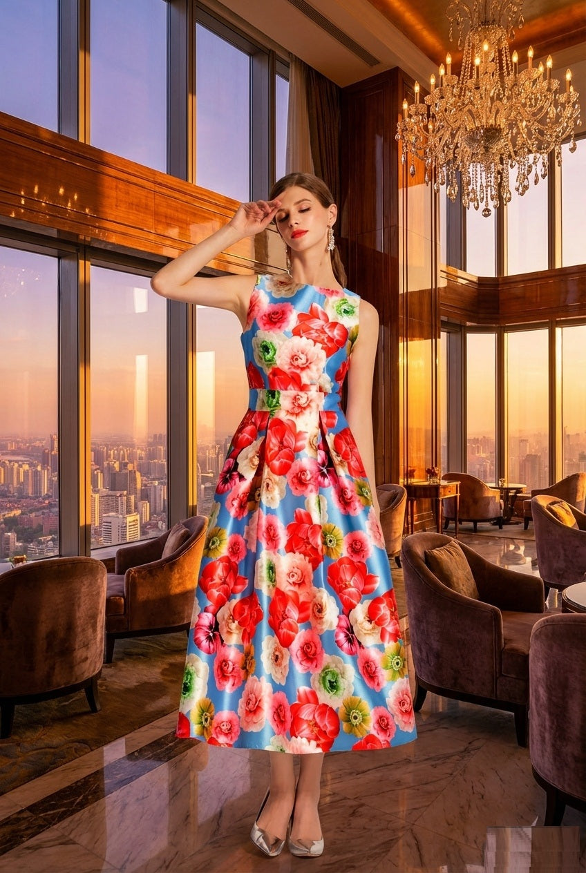 3-k8o0 (着丈 サイズオーダー可能) オーダーメイド フレアドレス ミディドレス ノースリーブドレス 花柄ドレス フォーマルドレス 上質素材 フローラルプリント カラフル配色 サンセットラウンジ ホテル空間 軽やか 動きのあるシルエット 気品 大人女性 パーティー リゾート 二次会 食事会 高級感 日本人女性向け （レッド）XS S M L XL XXL XXXL