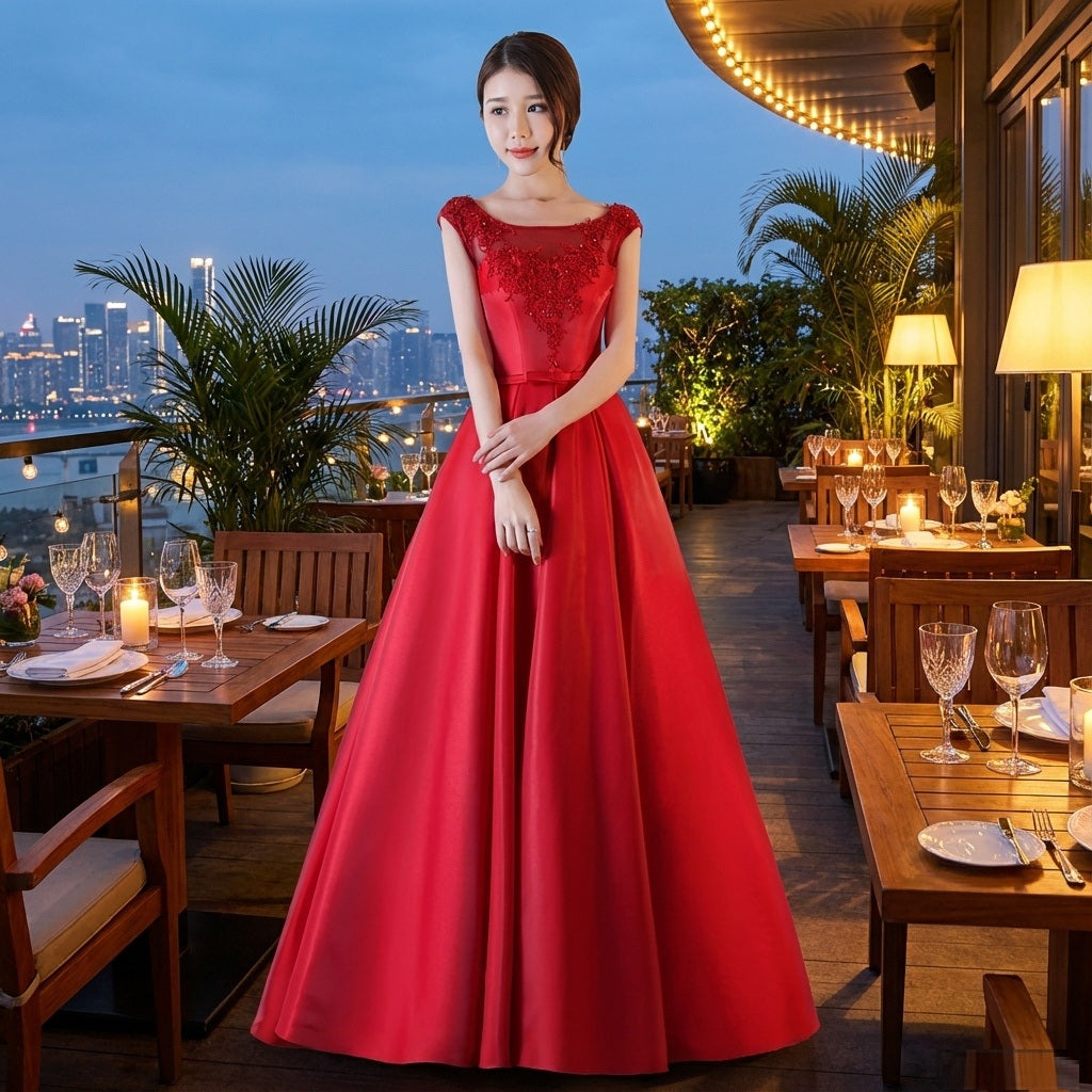 kimberly (着丈 サイズオーダー可能) Aラインドレス ロングドレス ノースリーブドレス オーダーメイド 高級 サテン シルク調 美シルエット フィットフレア 立体裁断 透明感 気品 圧倒的存在感 レストランテラス 夜景 ディナータイム 特別な夜 晩餐会 ガラディナー パーティー 日本人女性 洗練された佇まい 美しさ最大化 （レッド）XS S M L XL XXL XXXL