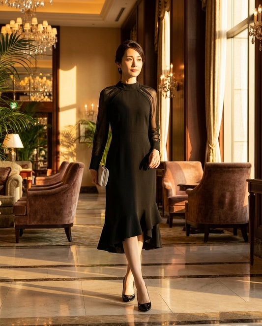 Barret Aラインドレス ブラック ミディアム シアースリーブ ハイネック 優雅ロビー オーダーメイド （ブラック）