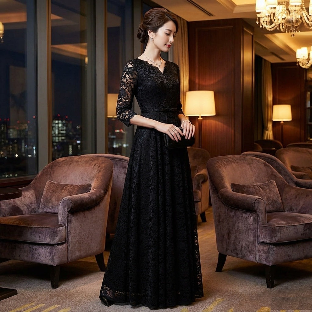 Helena (着丈 サイズオーダー可能) Aラインドレス オーダーメイド ロングドレス ブラックドレス レースドレス 五分袖 七分袖 チュール 上質素材 微光沢 体型補整 美シルエット ホテルラウンジ 夜景 間接照明 気品 知的 大人女性 ラグジュアリー フォーマル 結婚式 演奏会 パーティー 特別な夜 （ブラック）XS S M L XL XXL XXXL