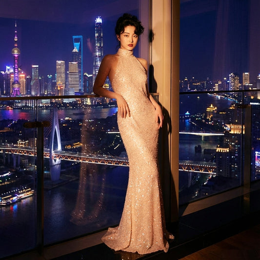3-543 オーダーメイド マーメイドロングドレス ハイネックスパンコール 夜景ラグジュアリー 主役シルエット （ゴールド）