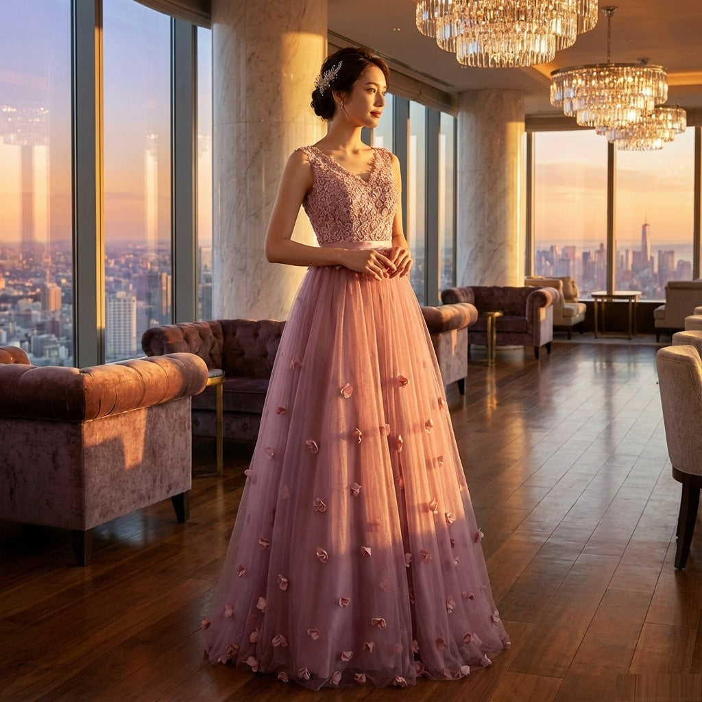 sarah （着丈 サイズオーダー可能） オーダーメイド Aラインドレス ロングドレス ピンク チュールドレス ビジュードレス スパンコール 繊細装飾 透明感 気品 日本人女性 美シルエット 体型補整 ホテル階段 特別な夜 フォーマル パーティー （ピンク）XS S M L XL XXL XXXL