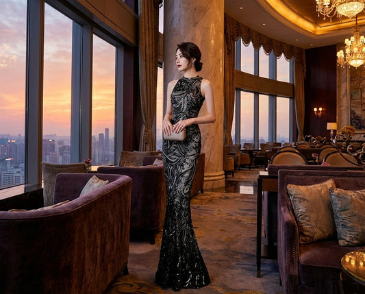 Saini マーメイドドレス (着丈 サイズオーダー可能) ロングドレス ノースリーブドレス オーダーメイド 高級ドレス ラグジュアリードレス イブニングドレス フォーマルドレス ブラック 黒 スパンコール ビジュー 刺繍 光沢素材 曲線美 強調シルエット 大人エレガンス 気品 ミステリアス 静かな色気 夕景 夜景 窓辺 ホテルラウンジ 都会的 特別な夜 主役級 楽天人気 写真映え （ブラック）