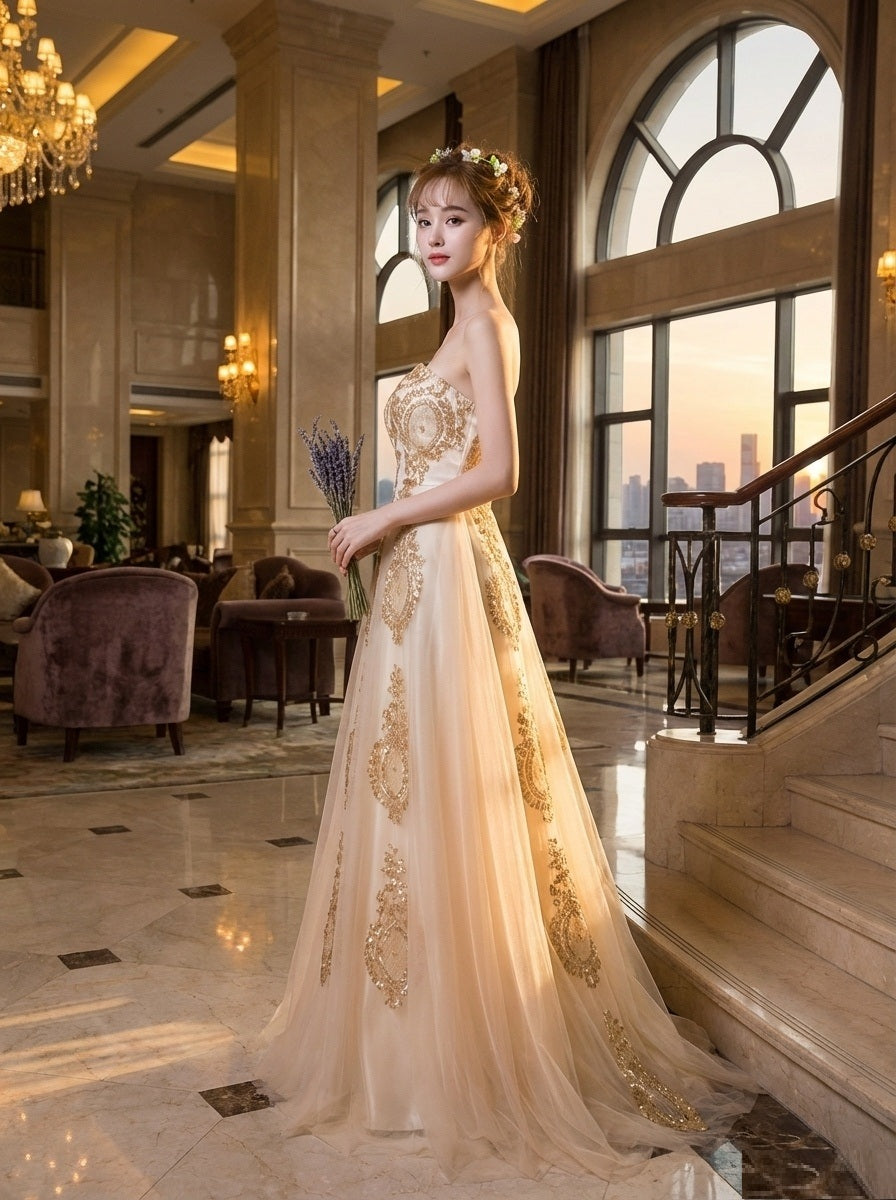 即納ドレス あす楽 brooklyn Aラインドレス ゴールド ハイネック ノースリーブ XS S M L XL XXL 即日発送 明日 届く　結婚式 大きいサイズ 演奏会 パーティードレス ロングドレス お呼ばれ ドレス ワンピース 二次会 発表会 母親 フォーマルドレス 袖あり フォーマル パーティー 披露宴 同窓会 アフタヌーン ドレス ママ ドレス ミセス 七分袖 洋装 長袖 マザーズ ドレス 演奏会用 ドレス レディース Aライン