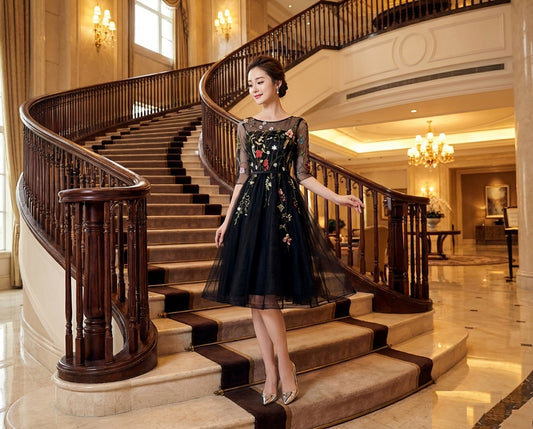 leon ショートドレス ブラック XS S M L XL XXL 結婚式 大きいサイズ 演奏会 パーティードレス ロングドレス お呼ばれ ドレス ワンピース 二次会 発表会 母親 フォーマルドレス 袖あり フォーマル パーティー 披露宴 同窓会 アフタヌーン ドレス ママ ドレス ミセス 七分袖 洋装 長袖 マザーズ ドレス 演奏会用 ドレス レディース Aライン