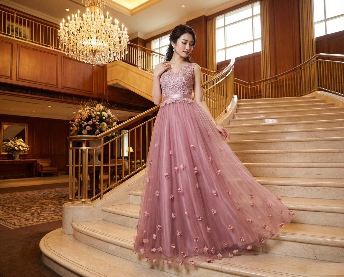 sarah （着丈 サイズオーダー可能） オーダーメイド Aラインドレス ロングドレス ピンク チュールドレス ビジュードレス スパンコール 繊細装飾 透明感 気品 日本人女性 美シルエット 体型補整 ホテル階段 特別な夜 フォーマル パーティー （ピンク）XS S M L XL XXL XXXL