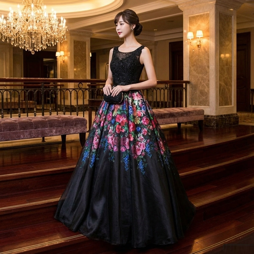 a2101 (着丈 サイズオーダー可能) Aラインドレス ロングドレス ノースリーブドレス オーダーメイド 高級ドレス ブラックドレス フォーマルドレス パーティードレス 結婚式 演奏会 二次会 宮殿ホテル 大階段 シャンデリア フローラル刺繍 ビジュー 上質素材 ボリュームスカート 美シルエット 大人女性 気品 透明感 主役級存在感 日本人女性 （ブラック）XS S M L XL XXL XXXL