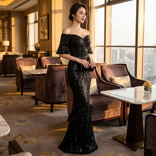 Debora マーメイドドレス ロングドレス 演奏会 スパンコール 煌めく漆黒 舞台映え 華やか オーダーメイド （ブラック）