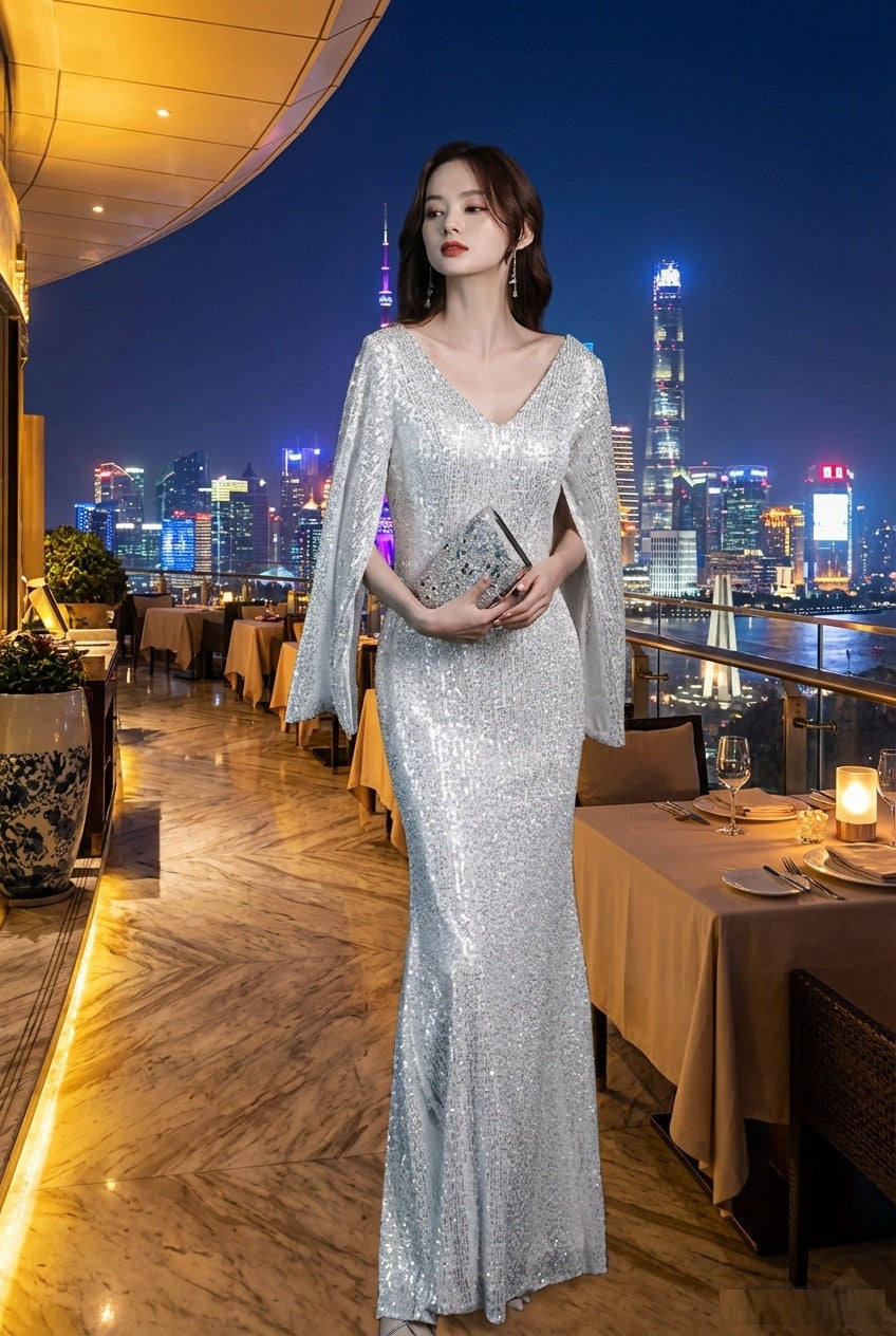 3-fjjf8 (着丈 サイズオーダー可能) オーダーメイド マーメイドドレス ロングドレス 長袖ドレス ビジュードレス フォーマルドレス 上質素材 繊細スパンコール Vネック ホテルラウンジ 夜景照明 曲線美 体型補整 気品 透明感 大人女性 正装 結婚式 演奏会 晩餐会 パーティー 高級感 日本人女性向け （シルバー）XS S M L XL XXL XXXL