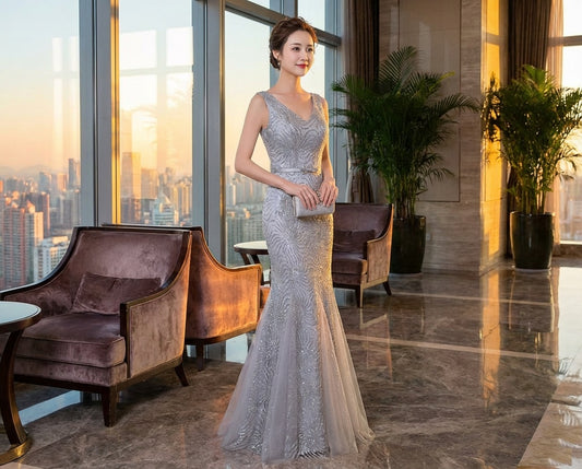 vitry マーメイドドレス グレー S M L XL XXL 即日発送 即納 結婚式 パーティードレス 体型カバー 小柄  ゆったり マタニティ ブラジャー 20代 30代 40代 50代 ブランド ワンピース シャンパン 夏 持ち運び