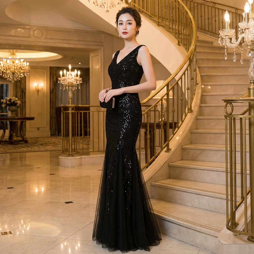roger マーメイドドレス (着丈 サイズオーダー可能) オーダーメイド ロングドレス 高級ドレス パーティードレス フォーマルドレス ブラックドレス ノースリーブドレス スパンコールドレス 美シルエット 気品 透明感 日本人女性 ホテル大階段 夜の照明 シャンデリア映え 主役級 楽天市場人気 結婚式 演奏会 ガラパーティー 特別な夜 （ブラック）XS S M L XL XXL XXXL