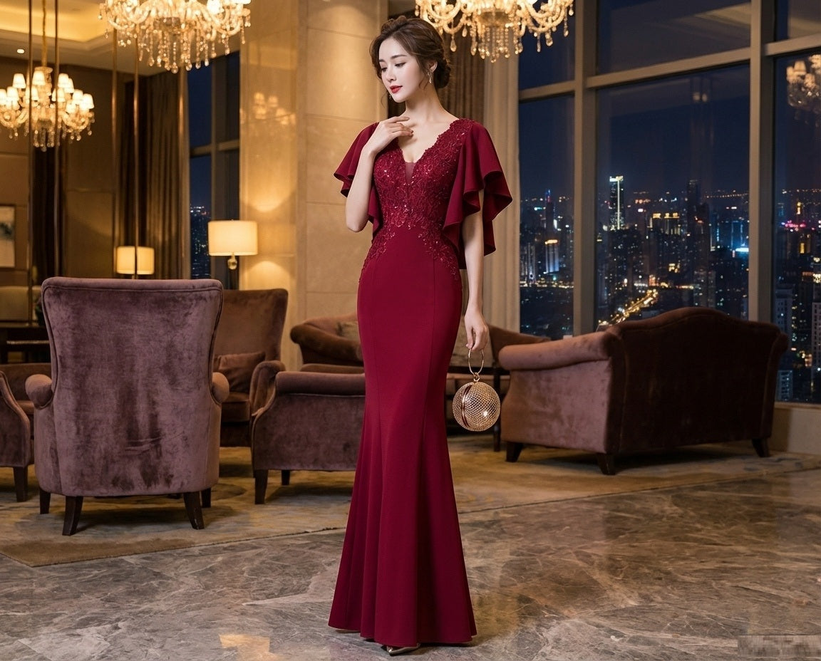 candace (着丈 サイズオーダー可能) オーダーメイド マーメイドドレス ロングドレス スリットドレス ノースリーブドレス レッドドレス フォーマルドレス 上質素材 ディープレッド 縦ライン強調 美シルエット スタジオ背景 ミニマル演出 気品 色香 大人女性 正装 結婚式 披露宴 演奏会 晩餐会 パーティー 高級感 日本人女性向け （レッド）XS S M L XL XXL XXXL