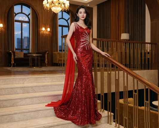 delerue スパンコール マーメイドドレス レッドカーペット ゴージャス オーダーメイド ロング ビジュー（レッド）