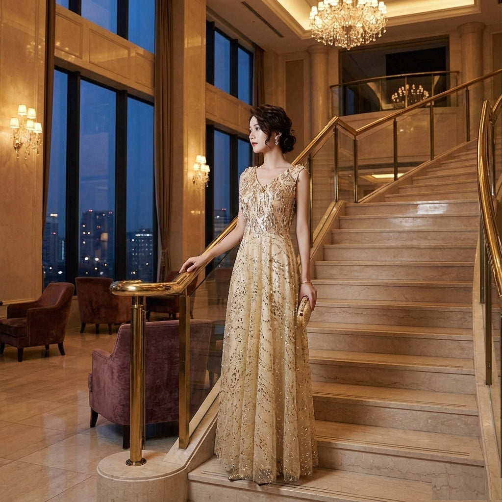 faina (着丈 サイズオーダー可能) Aラインドレス オーダーメイド ロングドレス ノースリーブドレス ベージュドレス ゴールド ビジュー スパンコール チュール 上質素材 体型補整 美シルエット ホテル大階段 夜景 シャンデリア光 気品 華やか 主役級 大人女性 ラグジュアリー フォーマル 結婚式 演奏会 パーティー 特別な夜 （ベージュ）