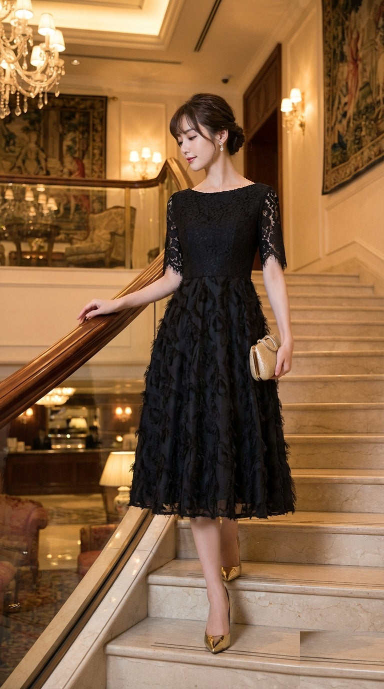 bertille (着丈 サイズオーダー可能) オーダーメイド ミディドレス フレアドレス レースドレス ノースリーブドレス ブラックドレス フォーマルドレス 上質素材 総レース 立体フレア 美シルエット クラシックホテル 階段演出 シャンデリア光 気品 可憐 大人女性 正装 パーティー 二次会 レセプション 高級感 日本人女性向け （ブラック）XS S M L XL XXL XXXL
