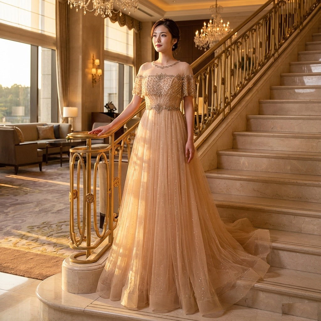 berta (着丈 サイズオーダー可能) オーダーメイド Aラインドレス ロングドレス レースドレス ノースリーブドレス ピンクドレス フォーマルドレス 上質素材 繊細レース エアリーチュール シャンパンピンク クラシックホテル 大階段演出 自然光 透明感 気品 美シルエット 大人女性 正装 結婚式 披露宴 演奏会 晩餐会 パーティー 高級感 日本人女性向け（ゴールド）XS S M L XL XXL XXXL