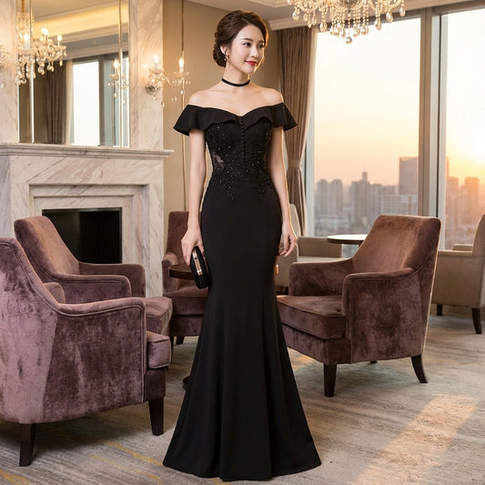 chanel マーメイドドレス ブラック XS S M L XL XXL 即日発送 即納 結婚式 パーティードレス 体型カバー 小柄  ゆったり マタニティ ブラジャー 20代 30代 40代 50代 ブランド ワンピース シャンパン 夏 持ち運び