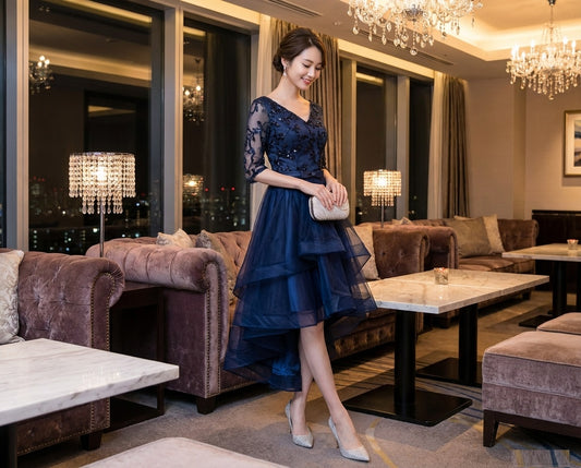 Serena オーダーメイド ネイビーフィッシュテール レース七分袖 エレガントクラシックドレス（ネイビー）