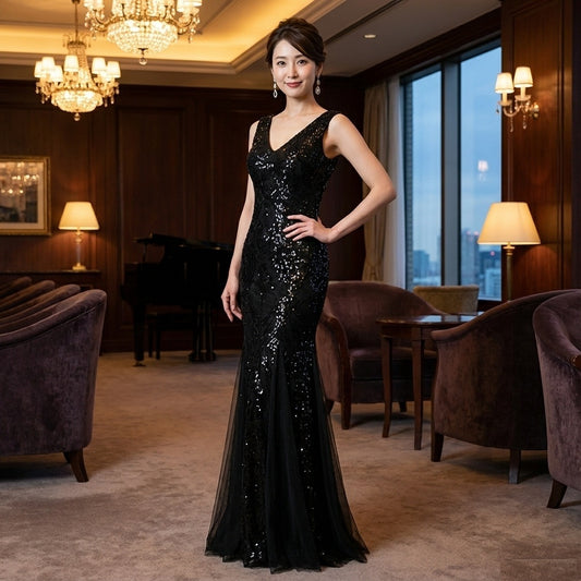 Pamela オーダーメイド マーメイドドレス ロングドレス オールスパンコール艶美シルエット 深Vラグジュアリー （ブラック）