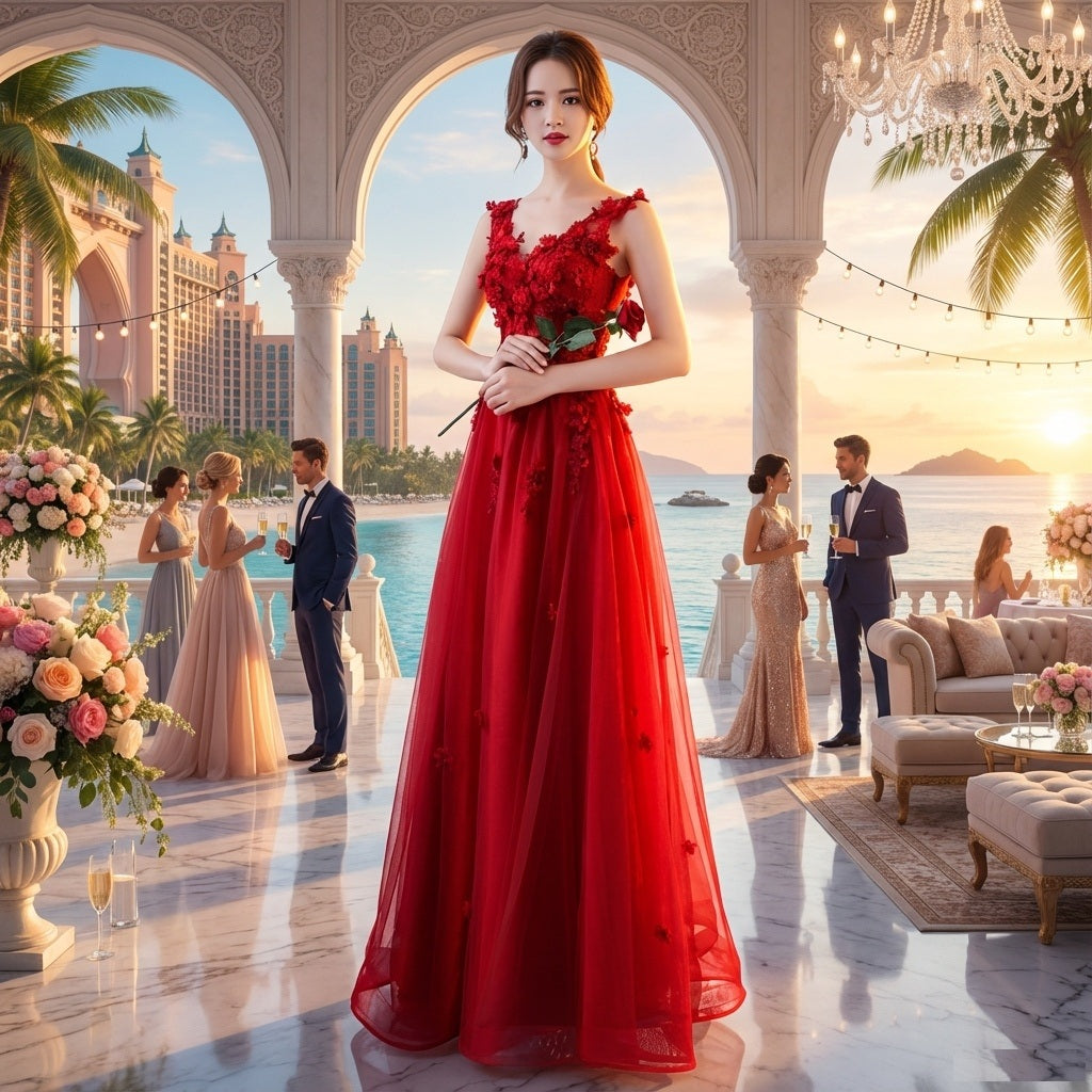 5656redmiddium （着丈 サイズオーダー可能） オーダーメイド ロングドレス Aラインドレス ノースリーブドレス レッドドレス フラワーレース ビジュードレス フォーマルドレス 高級ドレス 上質素材 祝祭 華やぎ 気品 女神ライン 大人女性 美シルエット 体型補整 リゾートテラス 夕景 映える装い 結婚式 二次会 演奏会 特別な夜 ラグジュアリー （レッド）XS S M L XL XXL XXXL