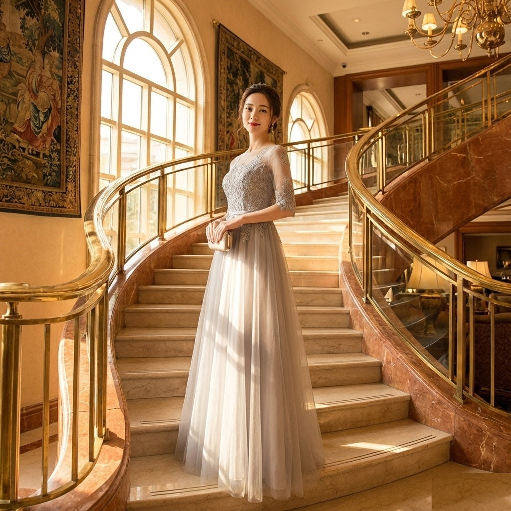 prune ロングドレス (着丈 サイズオーダー可能) オーダーメイド Aラインドレス チュールドレス レース刺繍ドレス シアースリーブ 透明感 体型補整 美シルエット 上質素材 静かな華やぎ 大人上品 特別な夜 ホテルディナー 日本人女性向け （グレー）