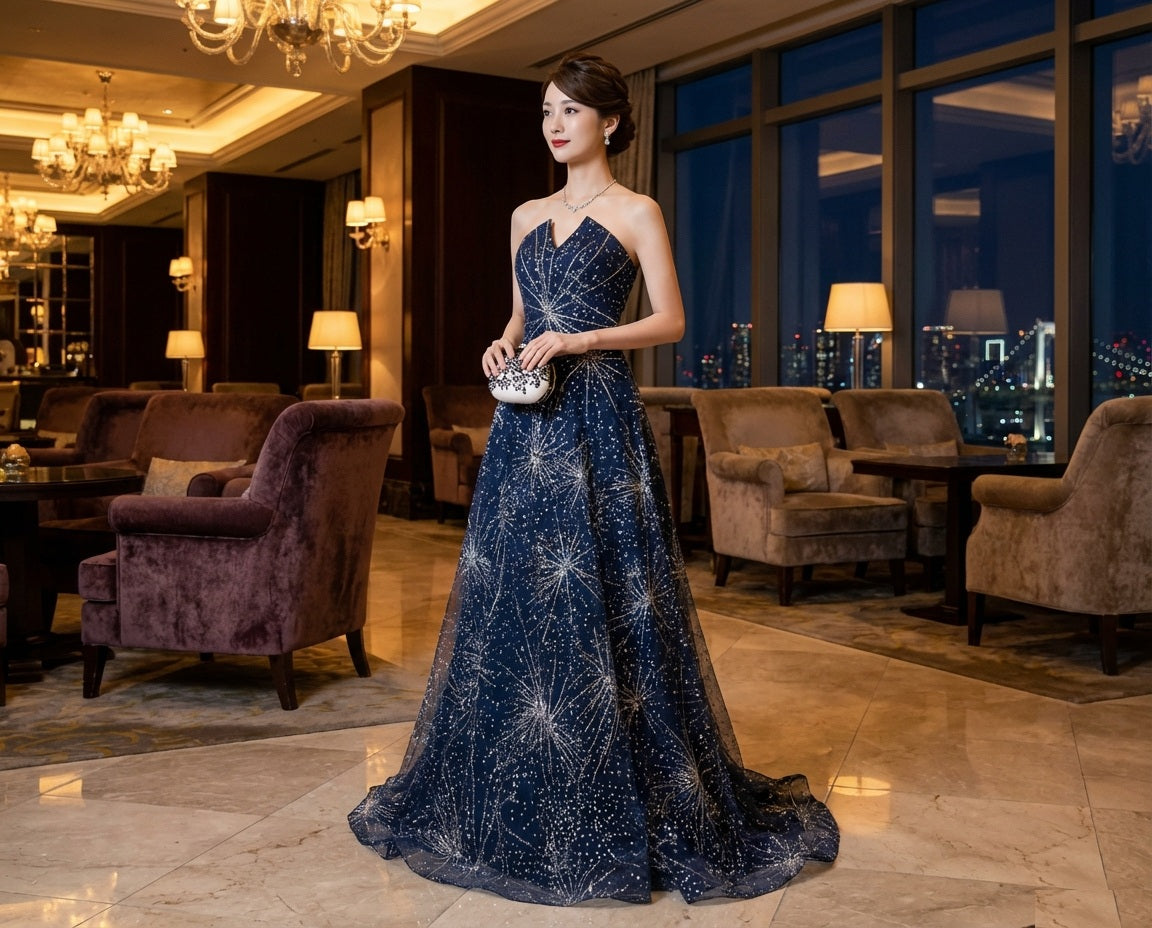 mimosa （着丈 サイズオーダー可能） マーメイドドレス ロングドレス ノースリーブドレス オーダーメイド 高級 ネイビードレス スパンコール レース ビジュー 総刺繍 フィットシルエット ボディライン強調 立体裁断 縦長効果 透明感 気品 クラシカルラグジュアリー 夜景ラウンジ ホテル照明 シャンデリア 特別な夜 晩餐会 ガラディナー 日本人女性 視線を奪う存在感 （ネイビー）XS S M L XL XXL XXXL