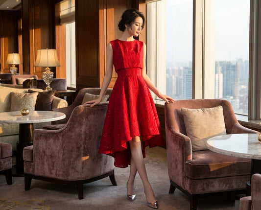 petunia フィッシュテールドレス レッド 軽やかな優雅さ カクテル オーダーメイド Aライン ノースリーブ（レッド）