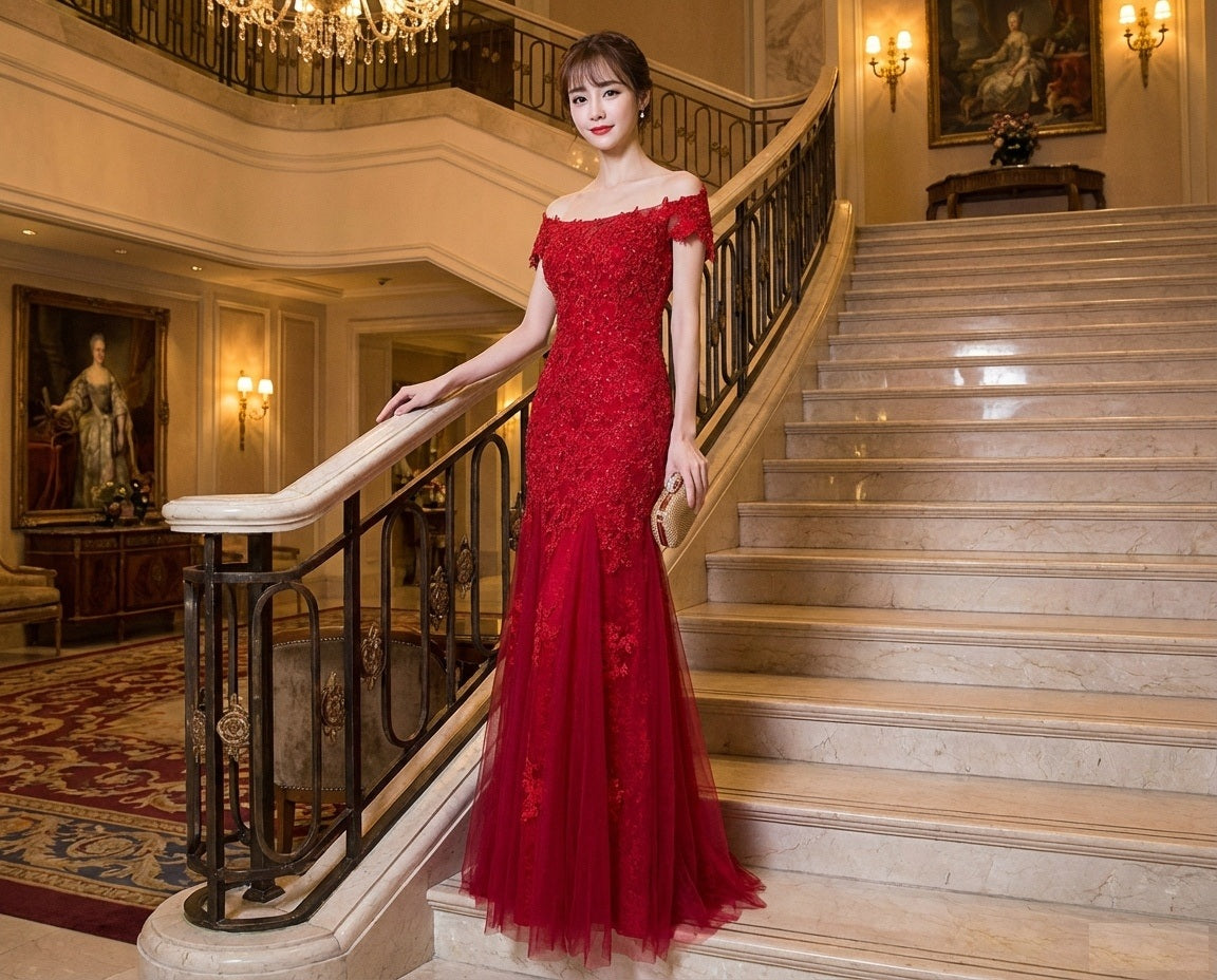 shirley （着丈 サイズオーダー可能） オーダーメイド レッド ロングドレス Aラインドレス ノースリーブ レース サテン 上質素材 高級感 美シルエット 日本人女性 気品 華やぎ ホテル大階段 パーティー 特別な夜 （レッド）XS S M L XL XXL XXXL