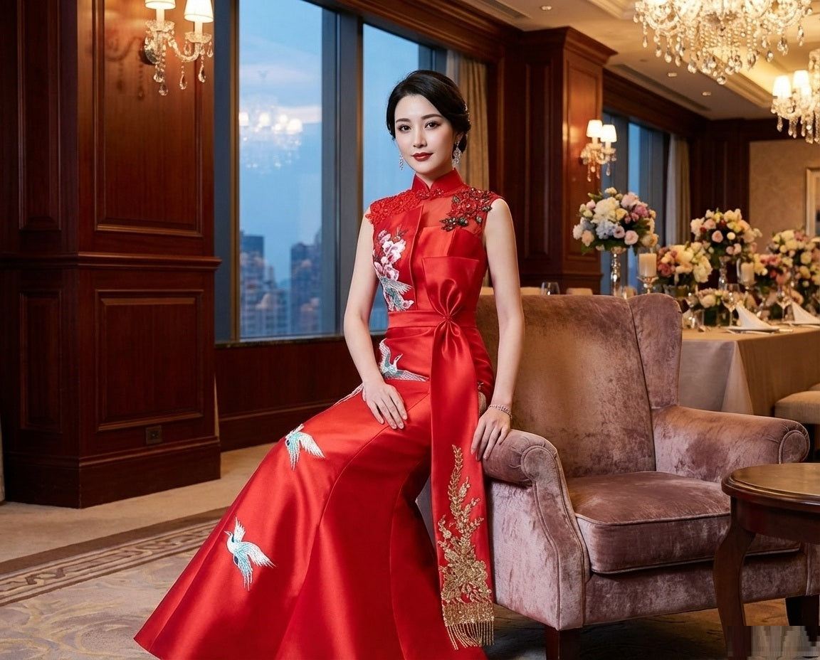 majar チャイナドレス (着丈 サイズオーダー可能) オーダーメイド マーメイドドレス ロングドレス レッドドレス 刺繍入りドレス 立ち襟 サテン素材 体型補整 高級感 クラシカルエレガンス ホテルレセプション 東洋美 （レッド）