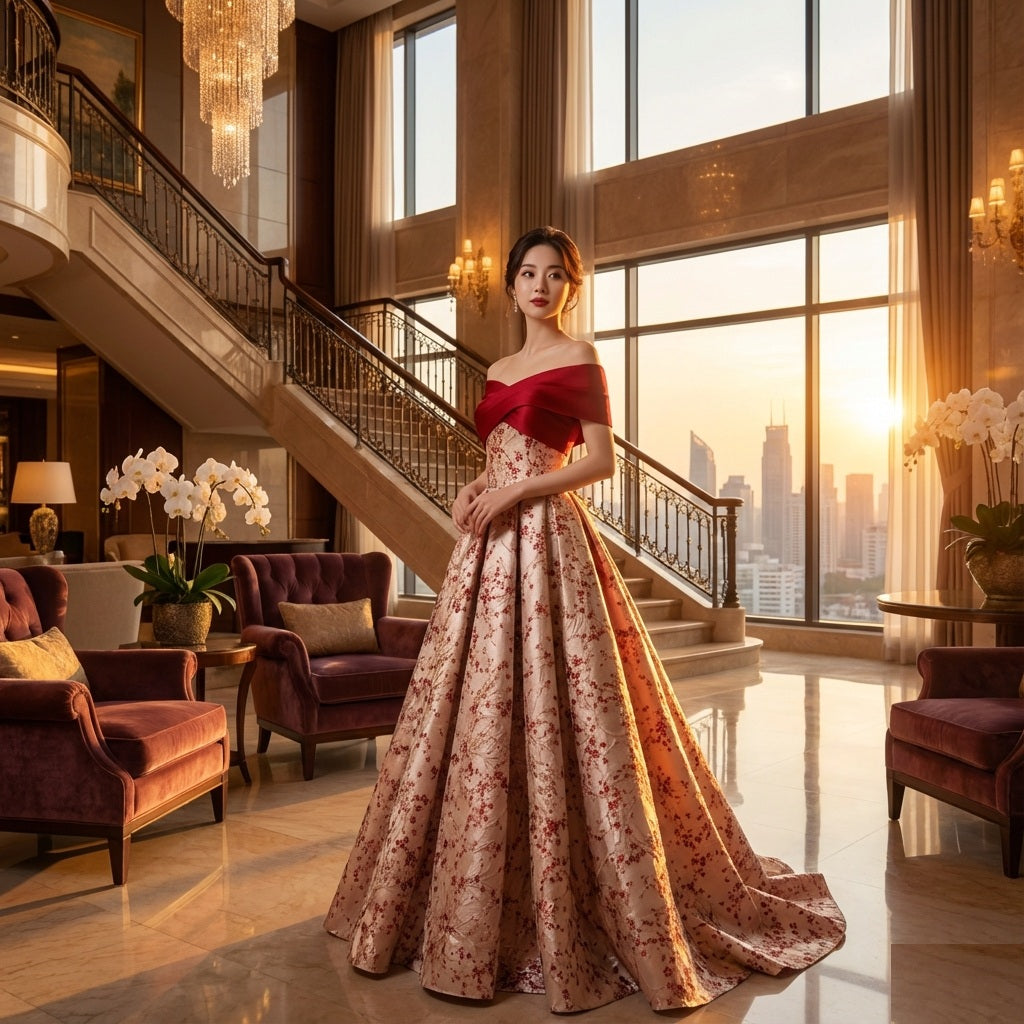 Pablo Aラインドレス (着丈 サイズオーダー可能) ロングドレス オーダーメイド ノースリーブドレス レースドレス ビジュー 刺繍 チュール グラデーション 高級ドレス ラグジュアリードレス パーティードレス 結婚式 演奏会 披露宴 ホテルロビー サンセット 夕陽差し込む空間 気品 優雅 大人の余裕 日本人女性 体型美 シルエット美 主役級存在感 特別な夜 （レッド）