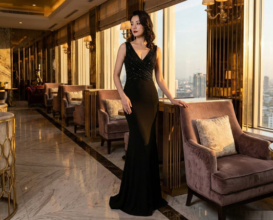 Serena オーダーメイド マーメイドドレス 深Vビジュードレス 優雅ロングシルエット（ブラック）