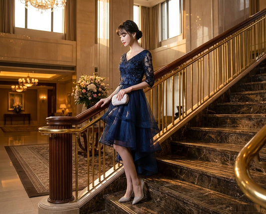 Serena オーダーメイド ネイビーフィッシュテール レース七分袖 エレガントクラシックドレス（ネイビー）