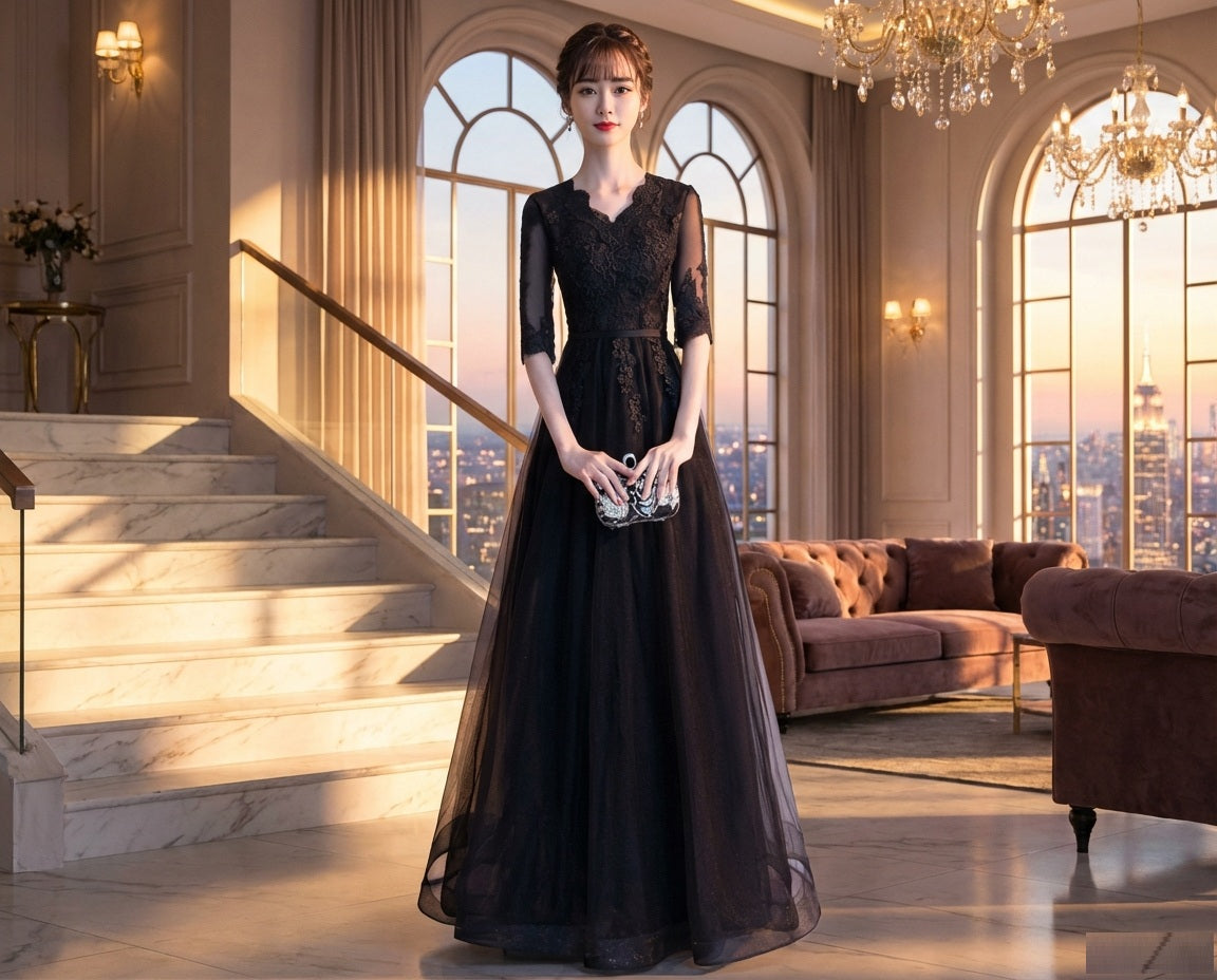 Clara オーダーメイド Aラインドレス ブラック 五分袖レース ロングエレガンス 夜会フォーマル 高級感（ブラック）