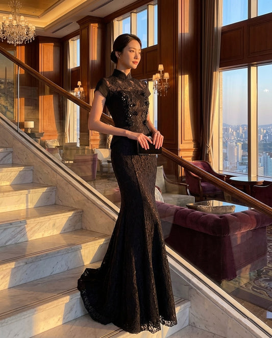 Lianna マーメイドドレス ブラック ロング チャイナレース ハイネック ショートスリーブ オーダーメイド サンセットエレガンス（ブラック）