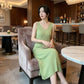 アルカドレス(ARUKA DRESS) ninsar ニットワンピース オーダーメイド 着丈サイズオーダー可 ロングワンピース Vネック ノースリーブ 体型補整 大きいサイズ 結婚式 パーティードレス お呼ばれ 二次会 （グリーン）XS S M L XL XXL XXXL