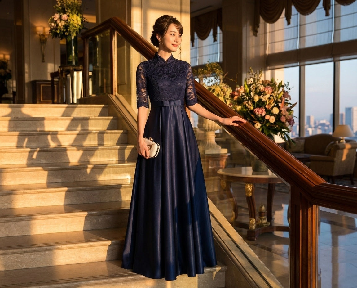 arviere ロングドレス (着丈 サイズオーダー可能) オーダーメイド Aラインドレス ネイビードレス ハイネックレース 七分袖ドレス ウエストリボン バックコンシャス 体型補整 上質素材 清楚エレガント 美シルエット ホテルディナー （ネイビー）