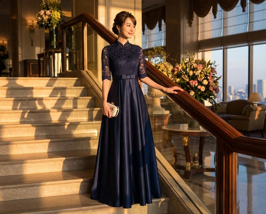 arviere Aラインドレス ネイビー ロング ミディアム XS S M L XL XXL 即日発送 即納 結婚式 パーティードレス 体型カバー 小柄  ゆったり マタニティ ブラジャー 20代 30代 40代 50代 ブランド ワンピース シャンパン 夏 持ち運び