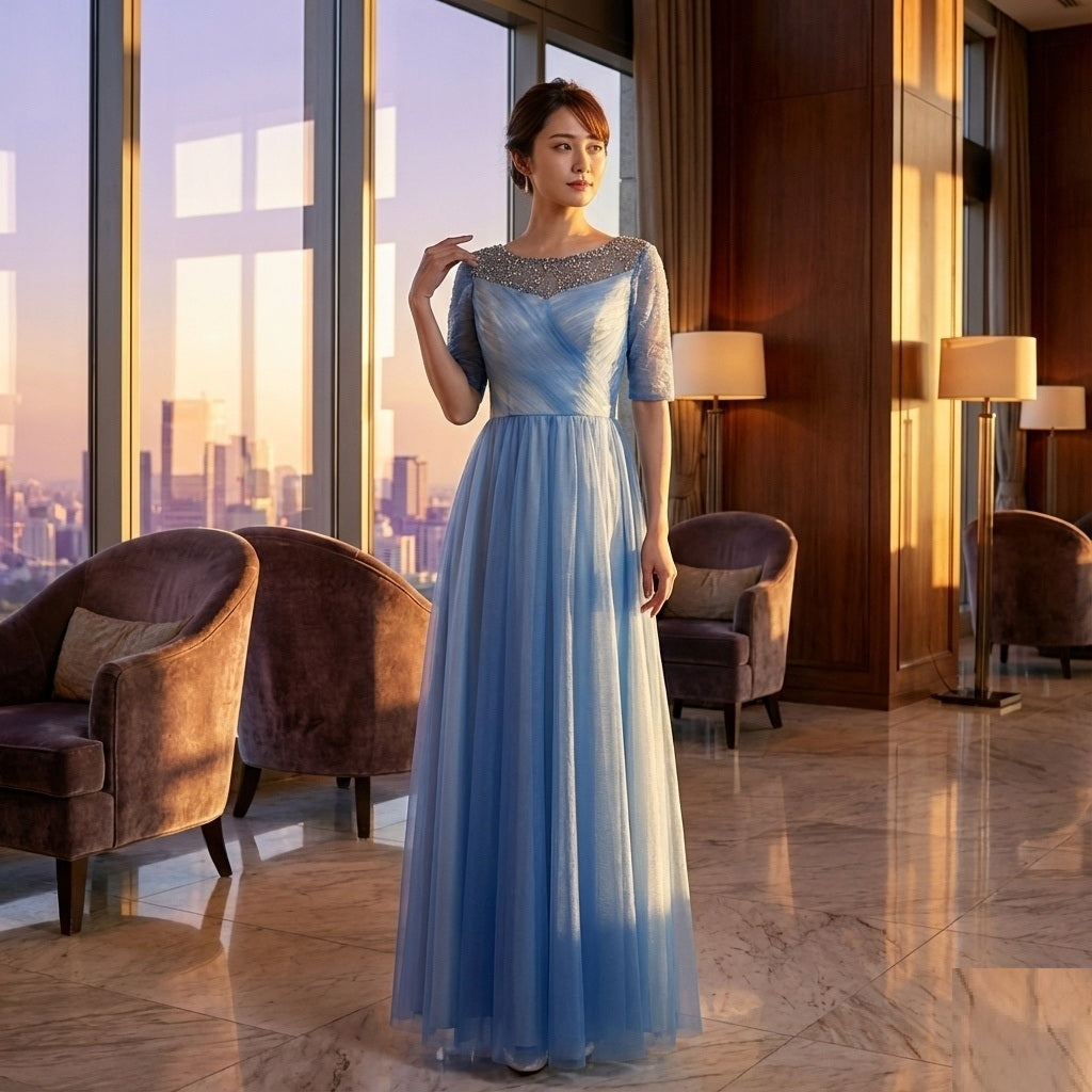 renata ロングドレス (着丈 サイズオーダー可能) オーダーメイド Aラインドレス サテンドレス 五分袖ドレス パールネックライン 体型補整 美シルエット 透明感 上質素材 高級感 ホテルディナー フォーマルシーン 日本人女性向け （水色）