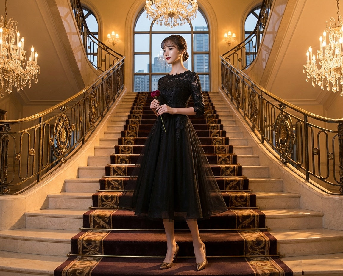 k1003 Aラインドレス (着丈 サイズオーダー可能) オーダーメイド ブラック ドレス ロング チュール ノースリーブ ミモレ丈 フレア シルエット美 透明感 気品 日本人女性 柔らかな光 上質 ホテル空間 特別な一日 （ブラック）XS S M L XL XXL XXXL