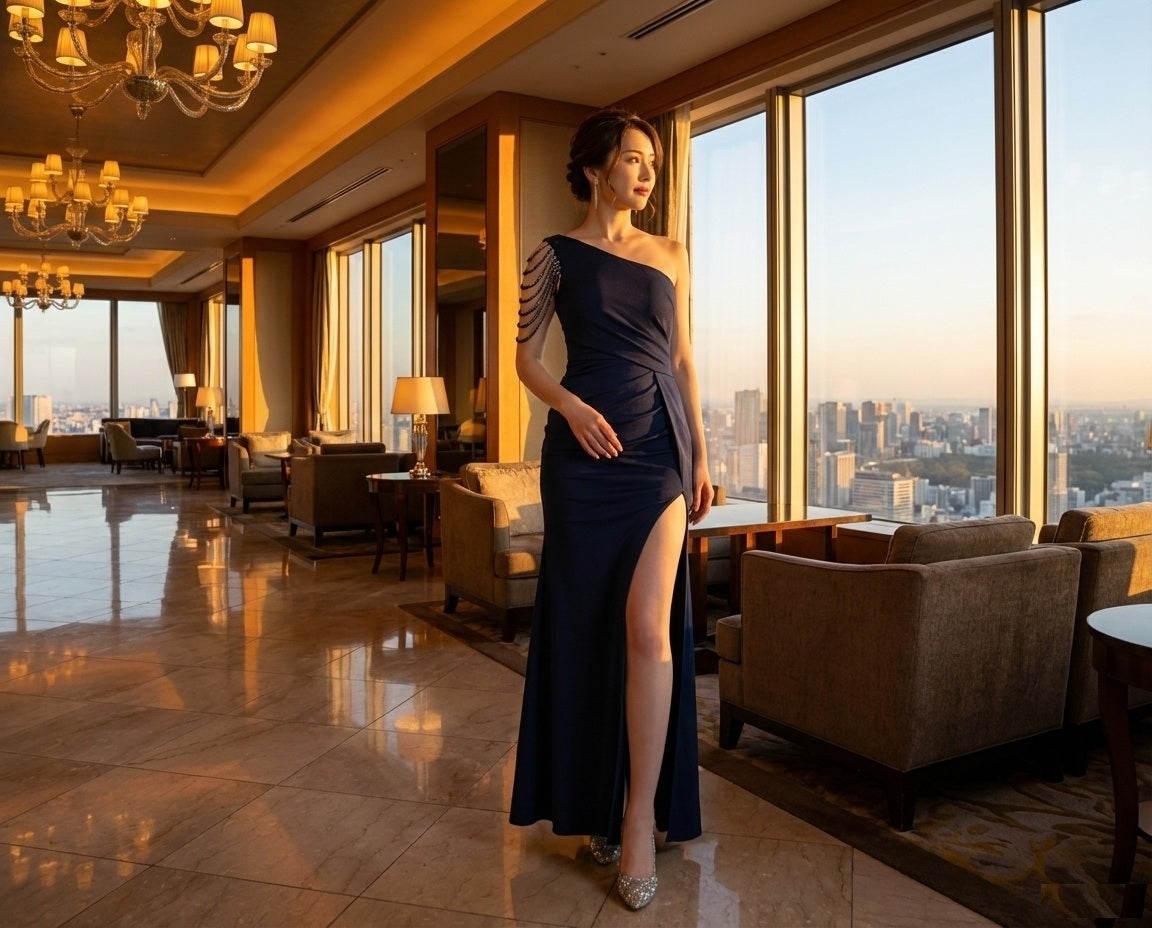 aurelia スリットドレス (着丈 サイズオーダー可能) オーダーメイド マーメイドドレス ワンショルダードレス ブラックドレス アームチェーン 美脚魅せ 体型補整 セクシーシルエット ホテルラウンジ 高級感 大人女性 （ホワイト）