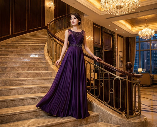 Tecla オーダーメイド Aラインドレス プリーツ ロング レース ノースリーブ 神秘的 舞踏会 気品 （パープル）