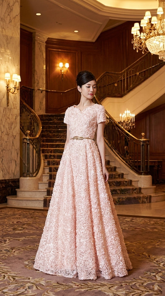 Liia Aラインドレス ピンク ロング 総レース 可憐フラワー 優雅ホテル階段 オーダーメイド （ピンク）