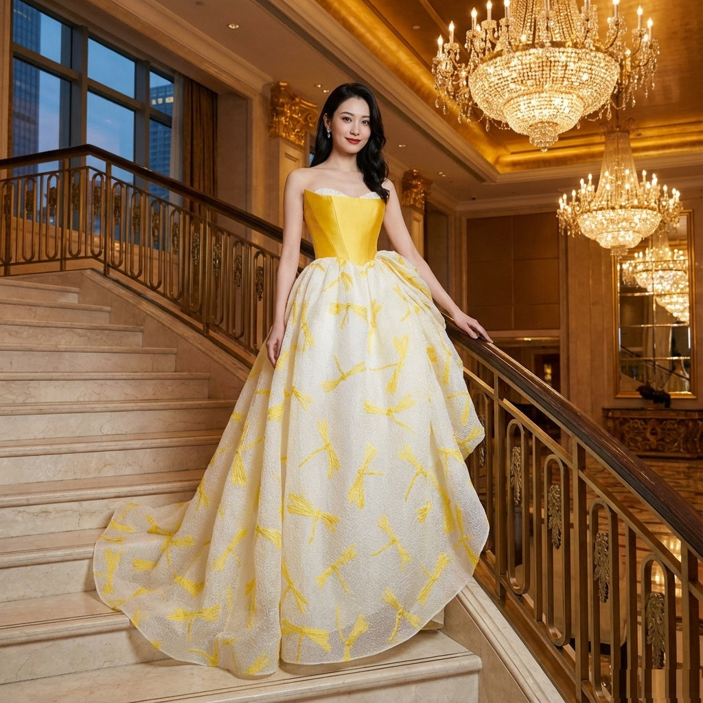 angeles オーダーメイド チュール Aラインドレス 圧倒的ボリューム フリル 永遠の誓い 演奏会 ロング丈 (イエロー)