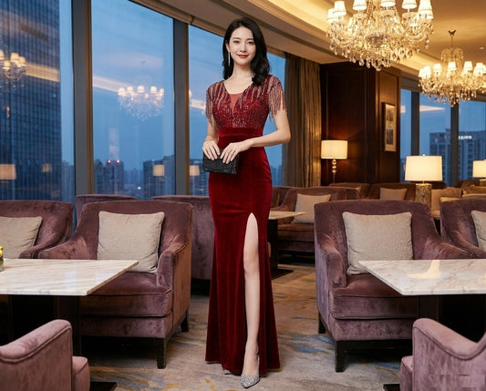 agafon スリットドレス ネイビー レッド ゴールド グリーン ブラック S M L XL 結婚式 大きいサイズ 演奏会 パーティードレス ロングドレス お呼ばれ ドレス ワンピース 二次会 発表会 母親 フォーマルドレス 袖あり フォーマル パーティー 披露宴 同窓会 アフタヌーン ドレス ママ ドレス ミセス 七分袖 洋装 長袖 マザーズ ドレス 演奏会用 ドレス レディース Aライン