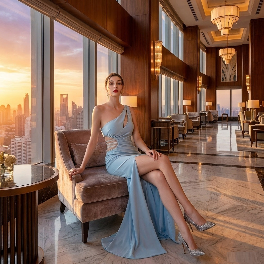 3-73783 マーメイドドレス (着丈 サイズオーダー可能) オーダーメイド ロングドレス ノースリーブドレス ホルターネック サテンドレス スレンダーライン ボディフィット 立体裁断 ミニマルデザイン 洗練 気品 大人女性 透明感 上質素材 高級感 特別な夜 演奏会 結婚式 披露宴 二次会 パーティー フォーマル 日本人女性 （水色）XS S M L XL XXL XXXL