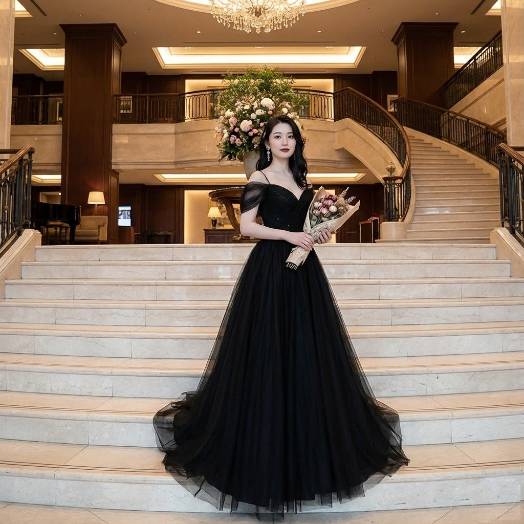 jaycee (着丈 サイズオーダー可能) Aラインドレス オーダーメイド 高級ドレス ロングドレス ブラックドレス チュールドレス ボリュームドレス ノースリーブ シアーチュール ビジュートップ 立体刺繍 透明感 気品 女優佇まい 大人女性 ホテルロビー 大階段 シャンデリア ナイトパーティー 主役級 美シルエット 日本人女性向け 高見え 楽天人気 フォーマルドレス （ブラック）XS S M L XL XXL XXXL